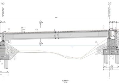 Single-span bridge with a length of 35 meters, consisting of precast prestressed girders on abutments with deep foundation using piles.