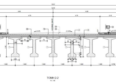Single-span bridge with a length of 35 meters, consisting of precast prestressed girders on abutments with deep foundation using piles.